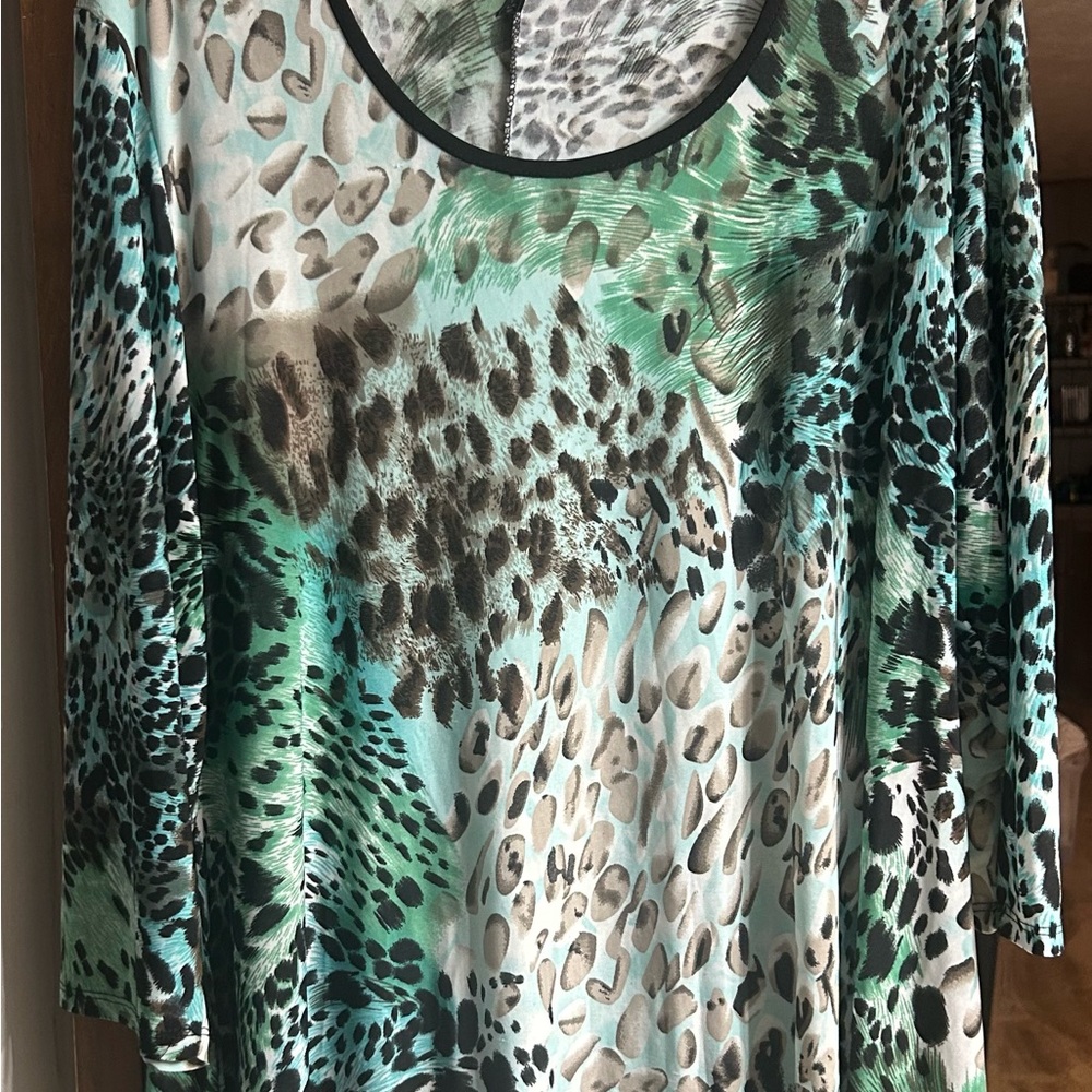 Ashley Blue Teal and Black Animal Print Blouse